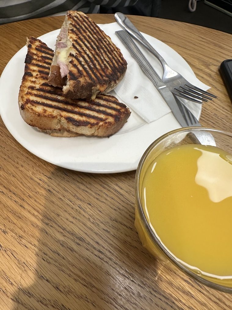 A ham and cheese toastie cut in half on a white plate