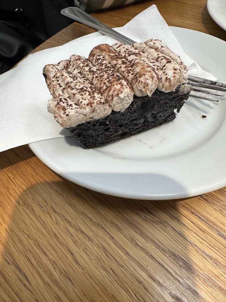 A chocolate tray bake slice topped with cream and cocoa